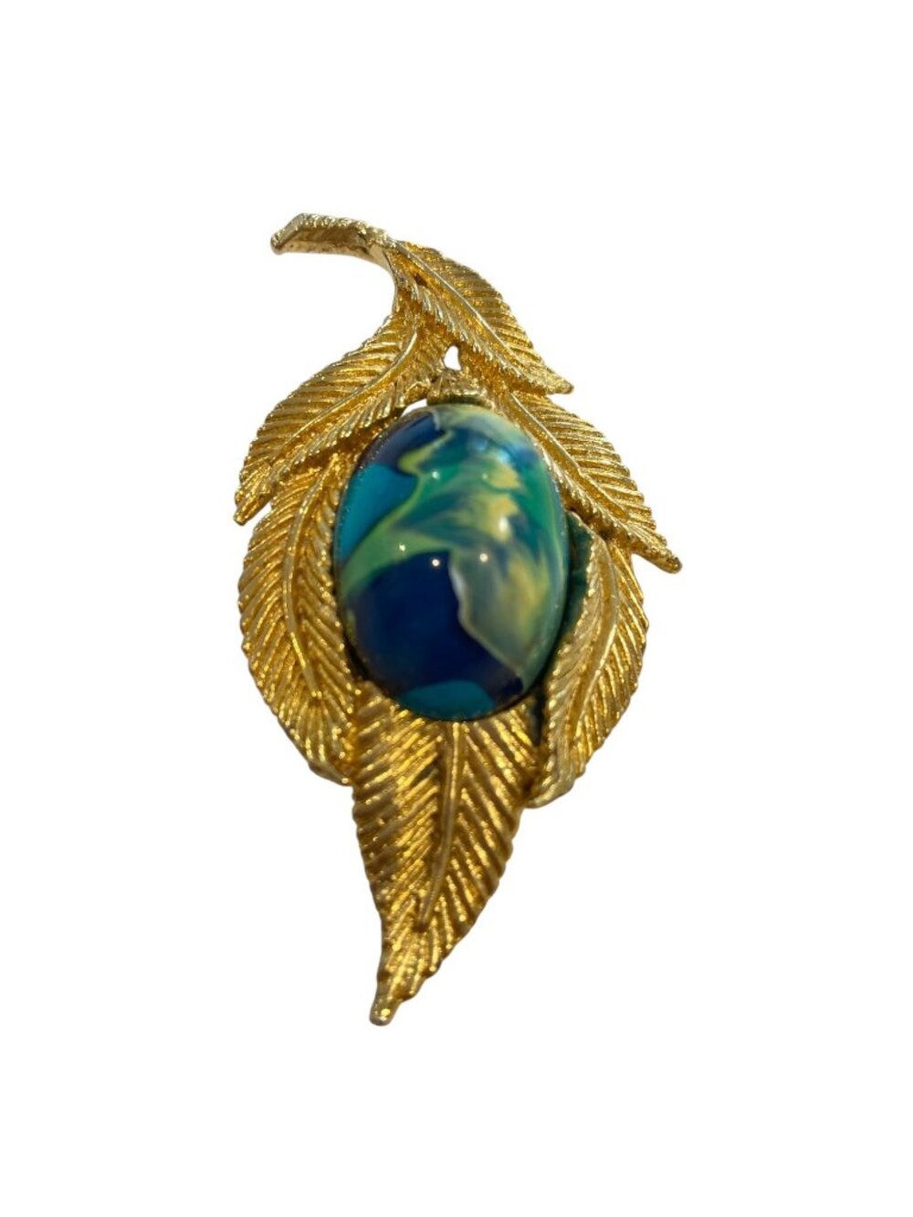 Gold-Tone Leaf Brooch With Blue & Green Swirl Cabochon 2.5 Inches Artist fermini - Picture 9 of 16